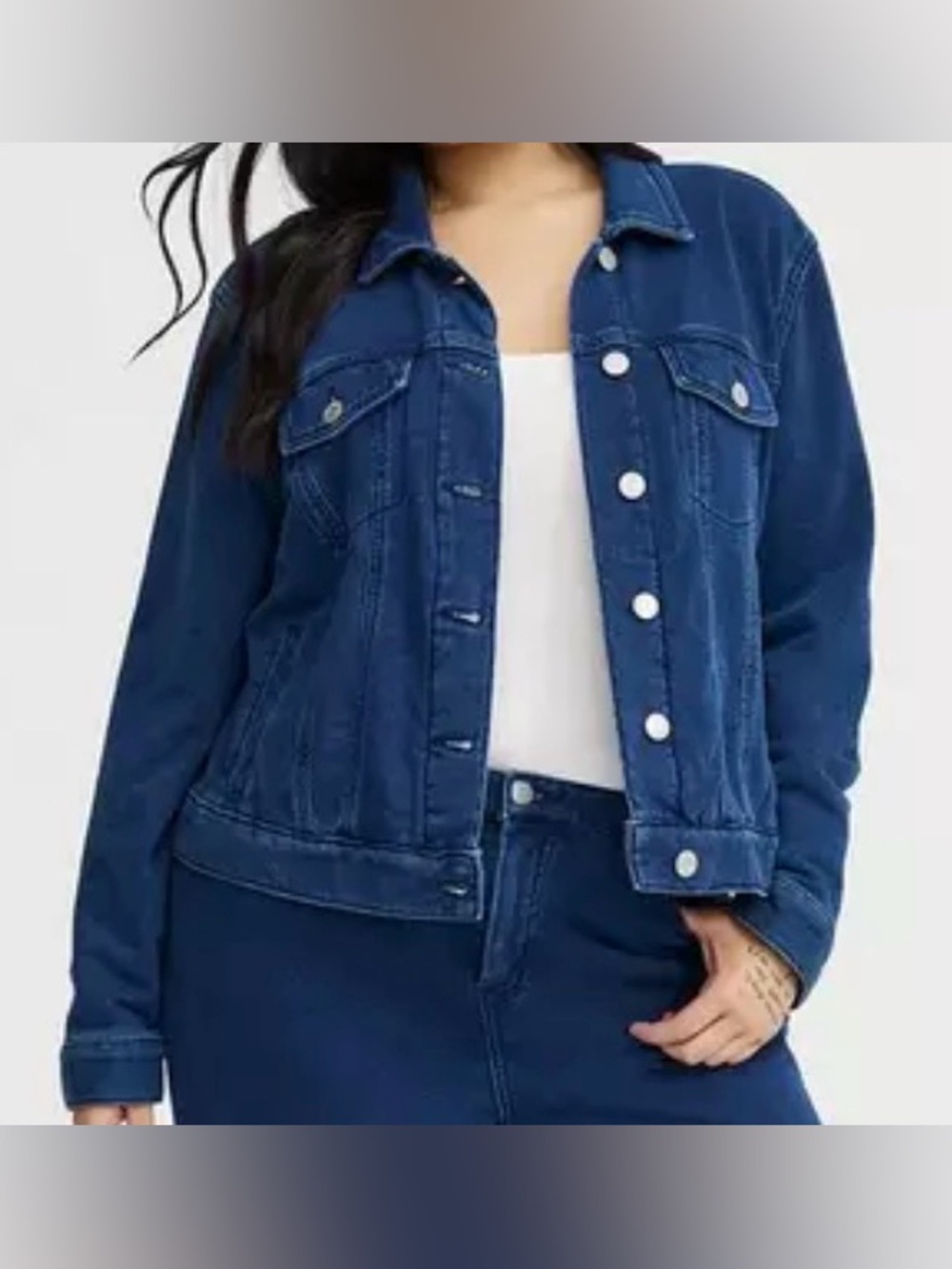 #x628 Torrid French Terry Trucker Medium Wash Blue Denim Look Stretch Jacket
